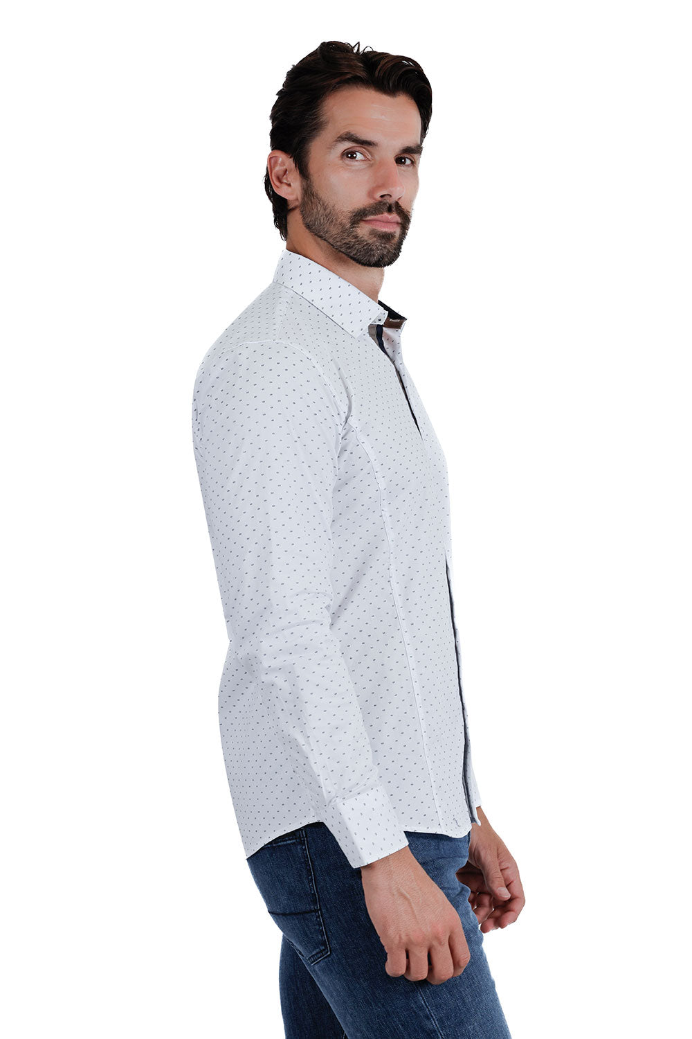 BARABAS Men's Solid Color Polka Dot Print Long Sleeve Shirts 3B358 White