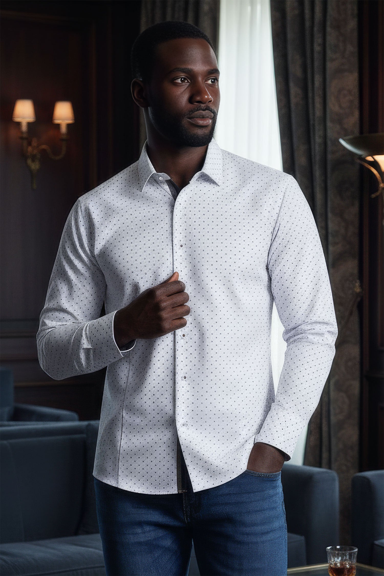 BARABAS Men's Solid Color Polka Dot Print Long Sleeve Shirts 3B358 White