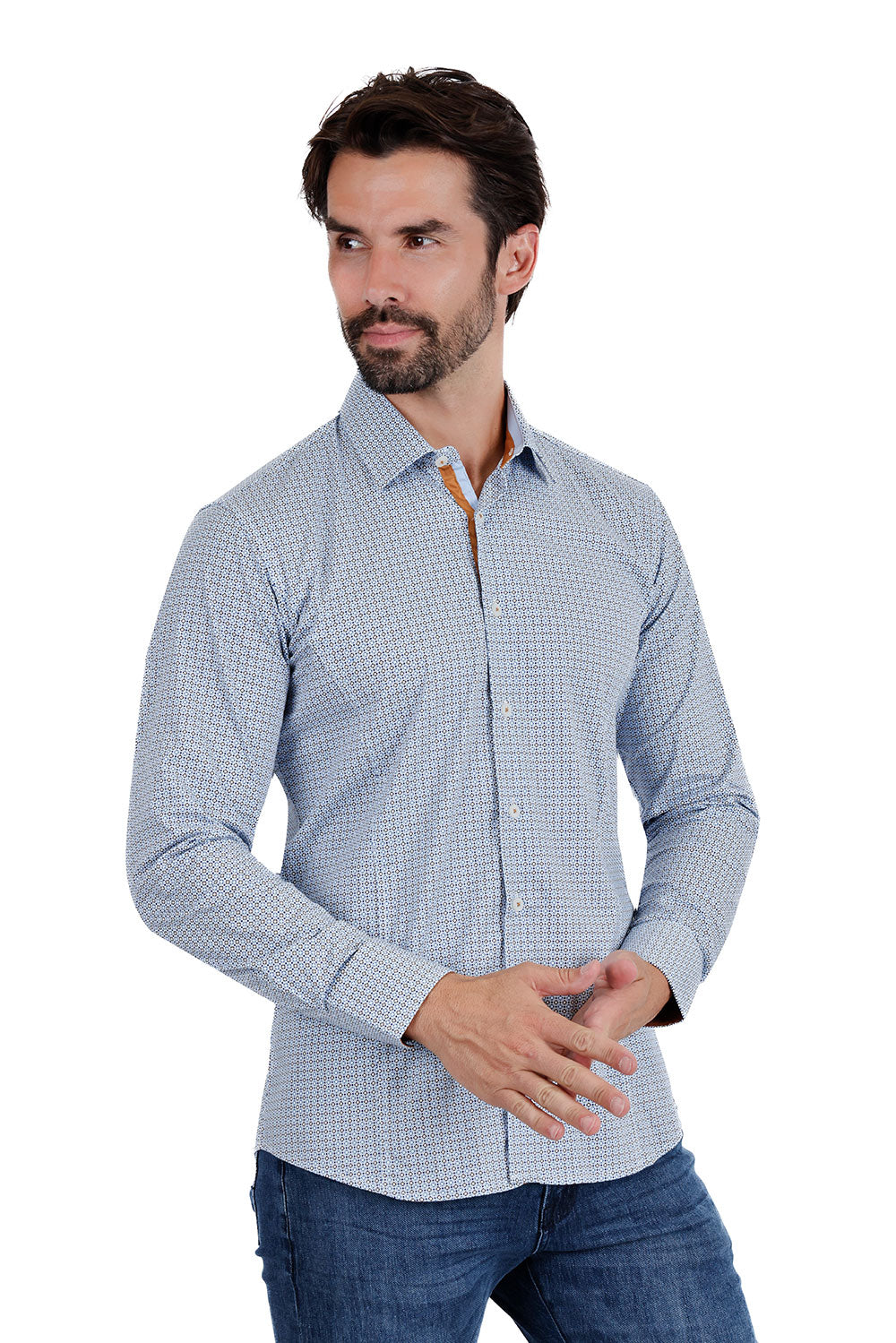 BARABAS Men's Printed Floral Semi-Stretch Long Sleeve Shirts 3B361 Blue
