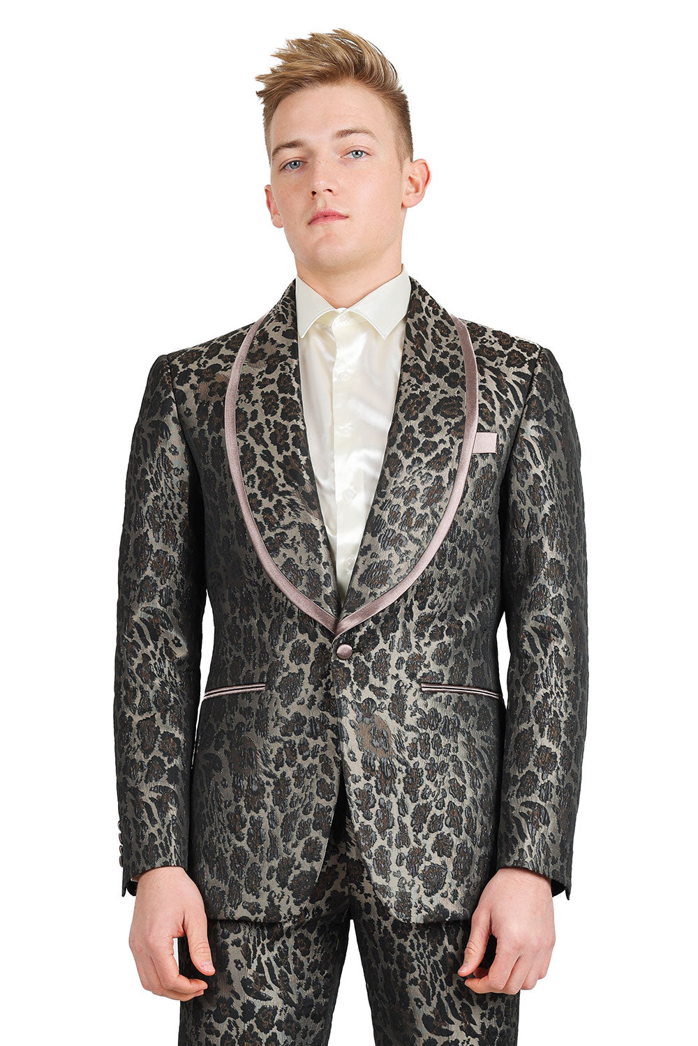 BARABAS Men's Metallic Leopard Animal Printed Shawl Lapel Blazer 3BL01 Chocolate