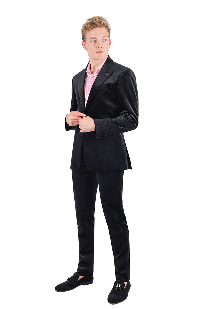 BARABAS Men's Velvet Shiny Finish Peak Lapel Blazer 3BL04 Black