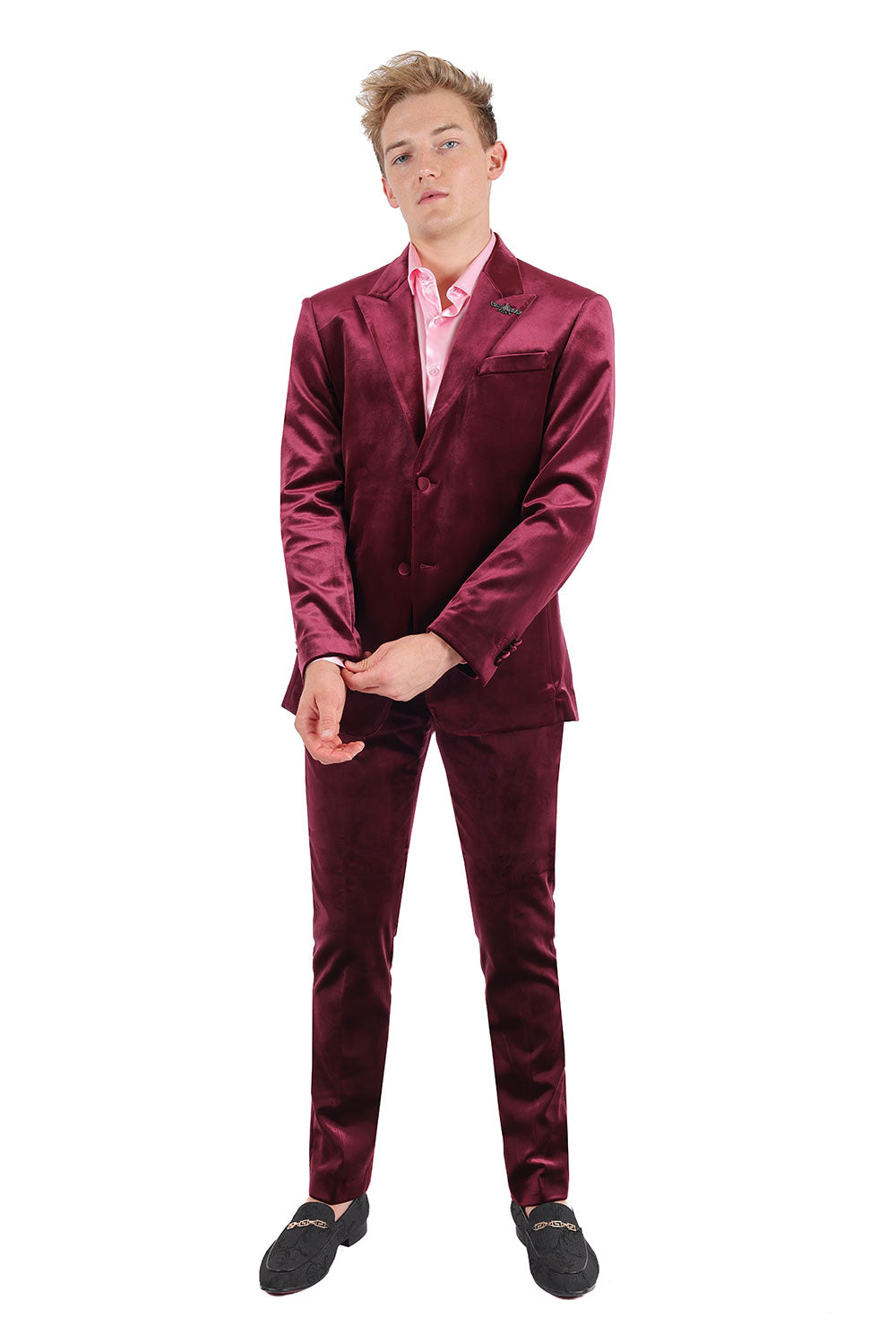 BARABAS Men's Velvet Shiny Finish Peak Lapel Blazer 3BL04 Burgundy