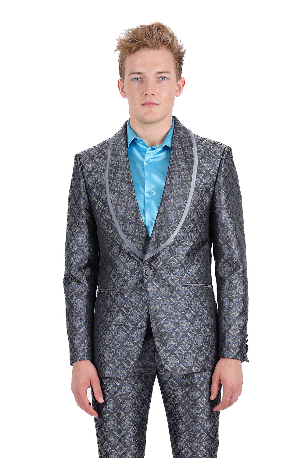BARABAS Men's Premium Geometric Luxury Shawl Blazer 3BL05 Gray