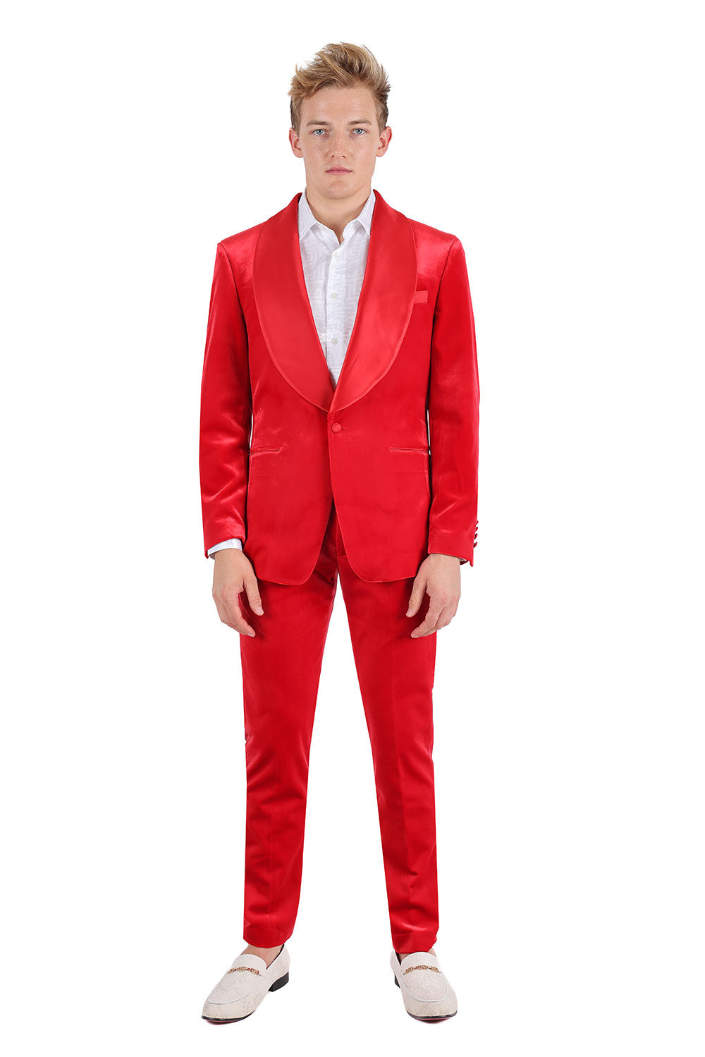 BARABAS Men's Velvet Shiny Finish Shawl Lapel Blazer 3BL06 Red