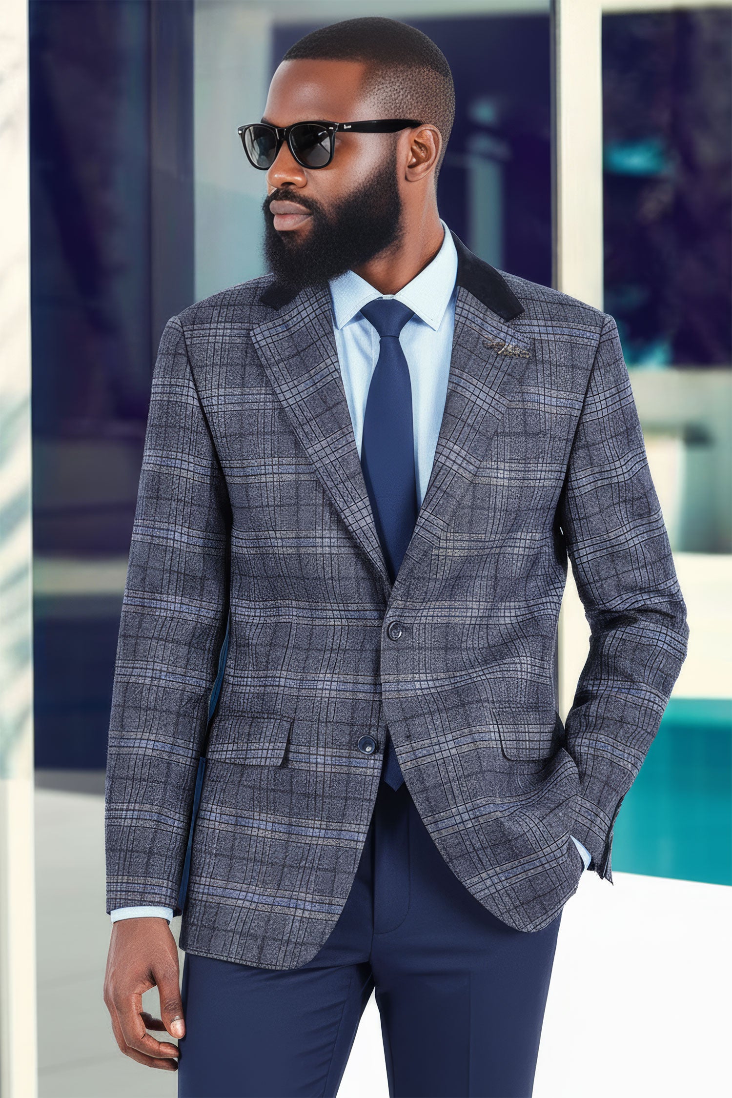 BARABAS Men's Plaid Tuxedo Sport Coat Casual Blazer 3BL08 Blue