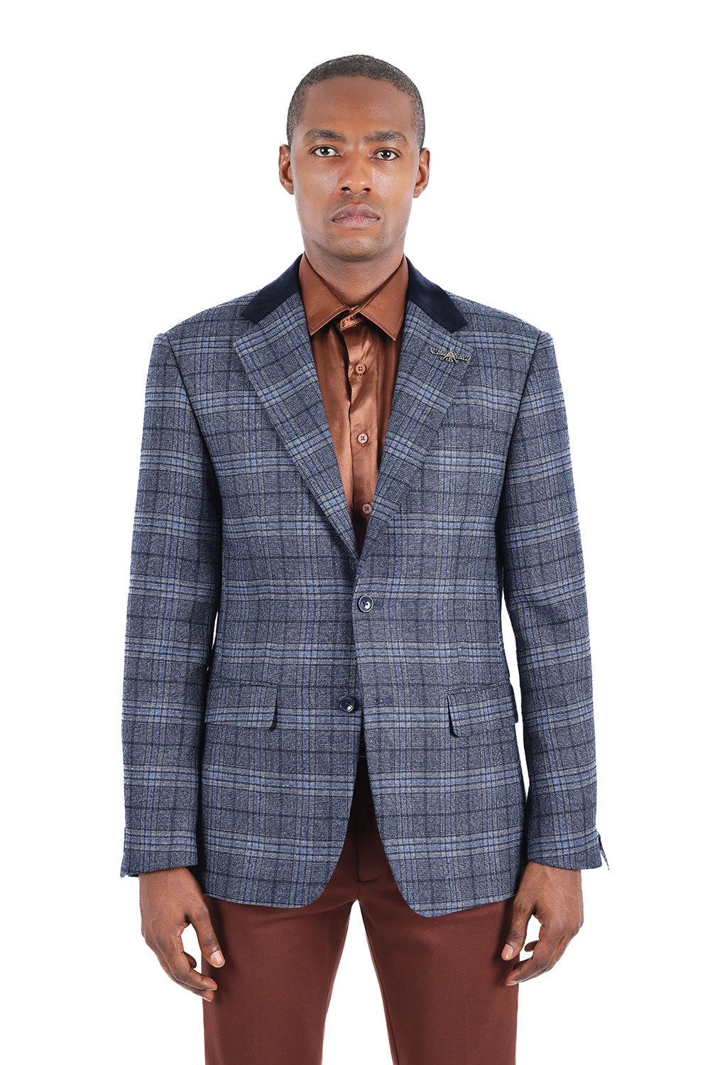 BARABAS Men's Plaid Tuxedo Sport Coat Casual Blazer 3BL08 Blue