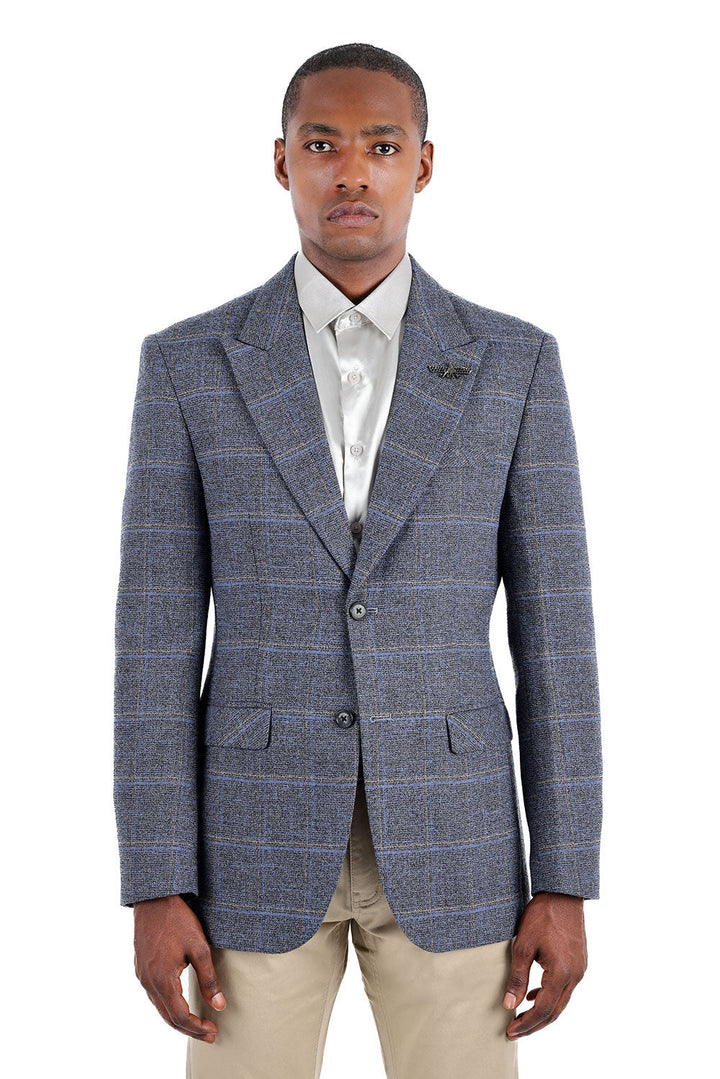 BARABAS Men's Wool Tweed Geometric Peak Lapel Blazer 3BL11 Blue