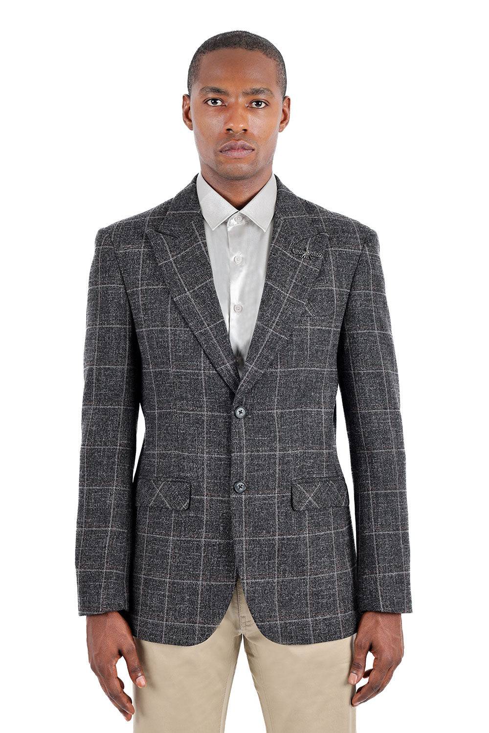 BARABAS Men's Wool Tweed Geometric Peak Lapel Blazer 3BL11 Grey