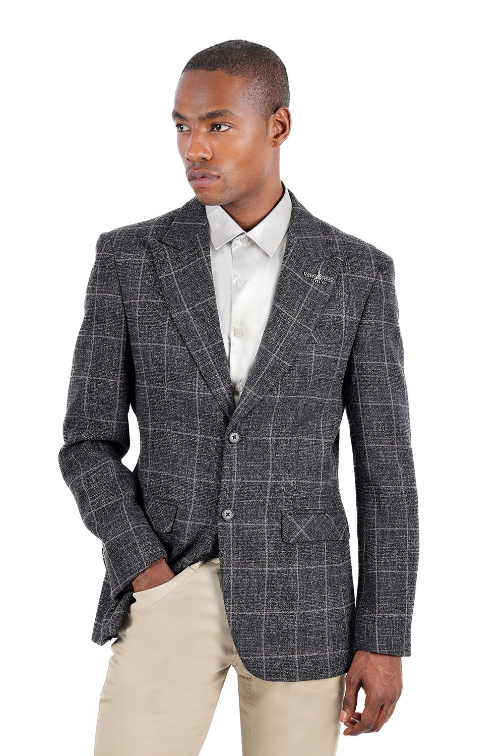 BARABAS Men's Wool Tweed Geometric Peak Lapel Blazer 3BL11 Grey