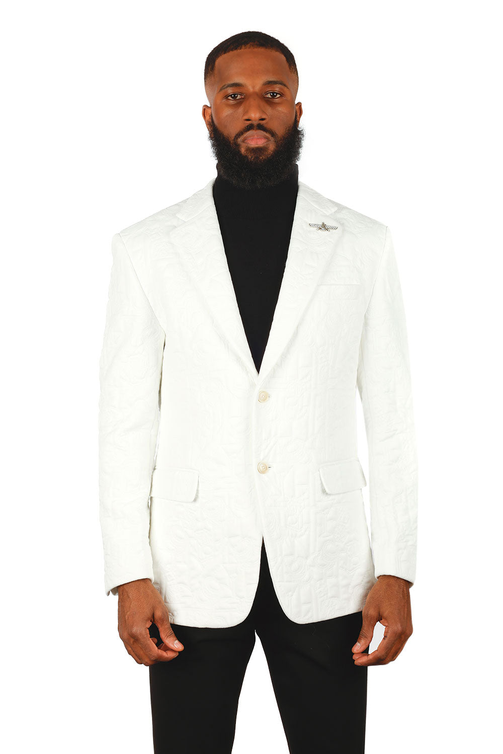 BARABAS Men's Embossed Geometric Matte Peak Lapel Blazer 3BL15 White