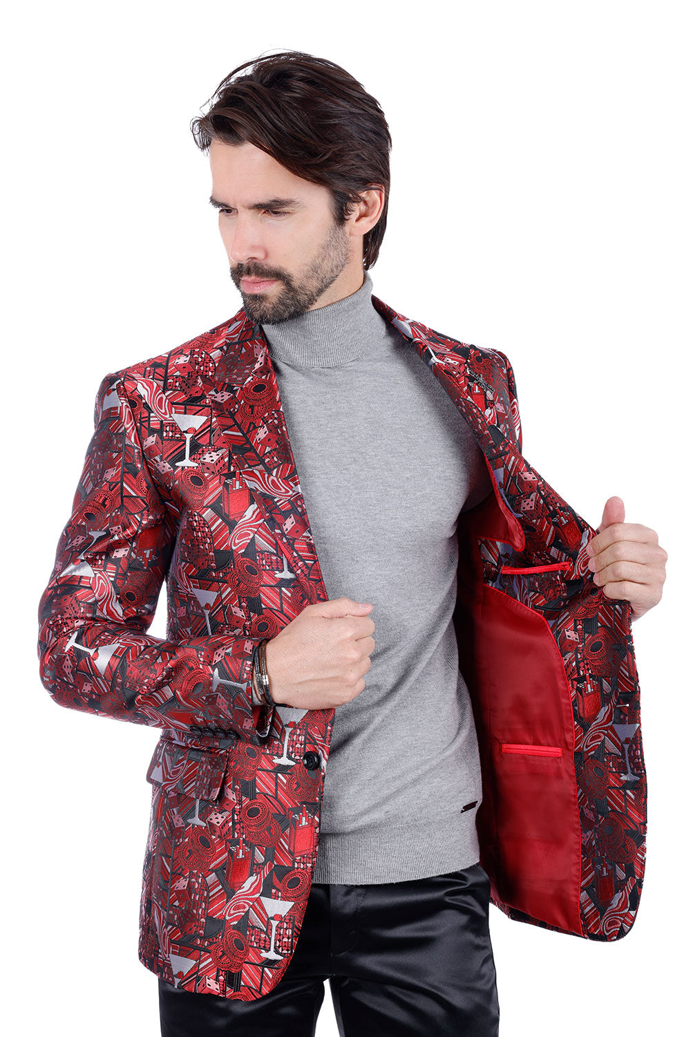 Barabas Men's Geometric Cubism Peak Lapel Blazer 3BL20 Burgundy