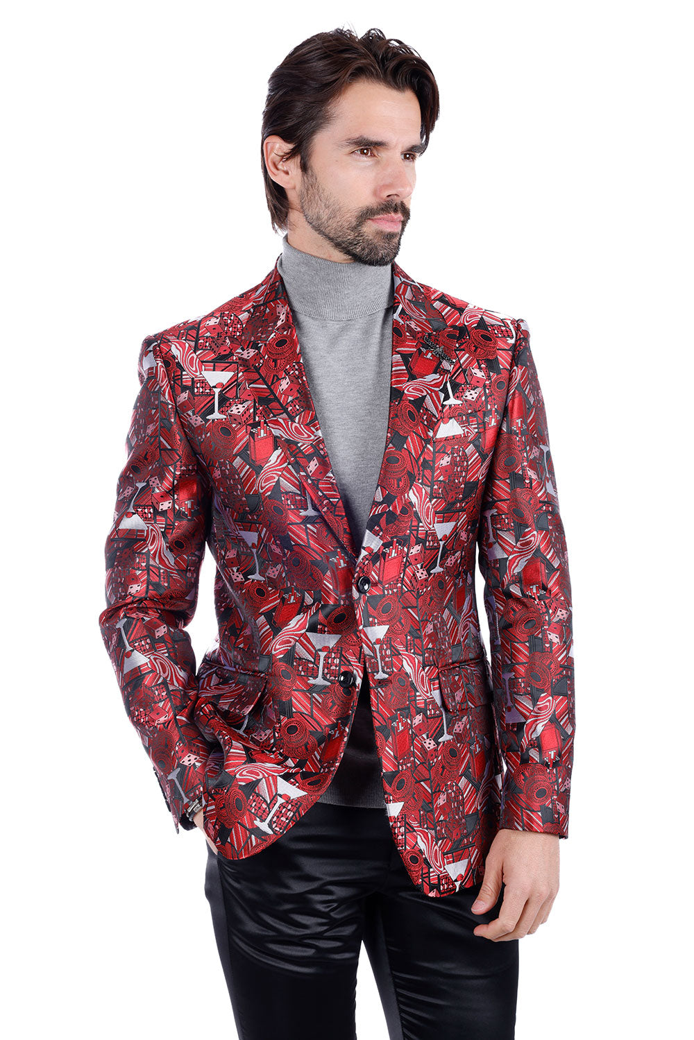 Barabas Men's Geometric Cubism Peak Lapel Blazer 3BL20 Burgundy