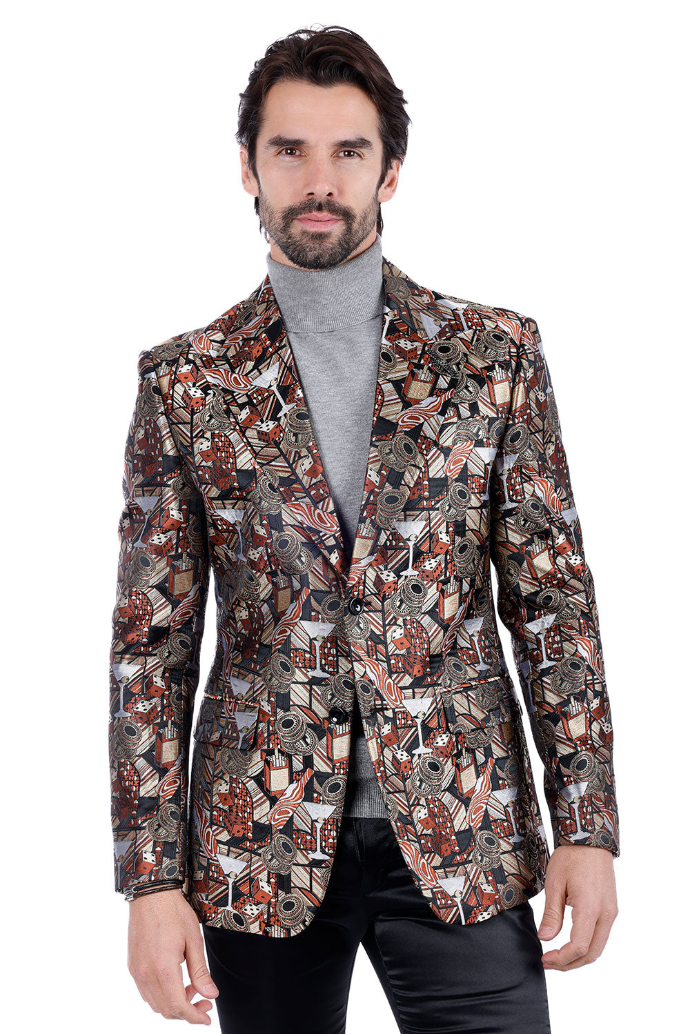 Barabas Men's Geometric Cubism Peak Lapel Blazer 3BL20 Gold