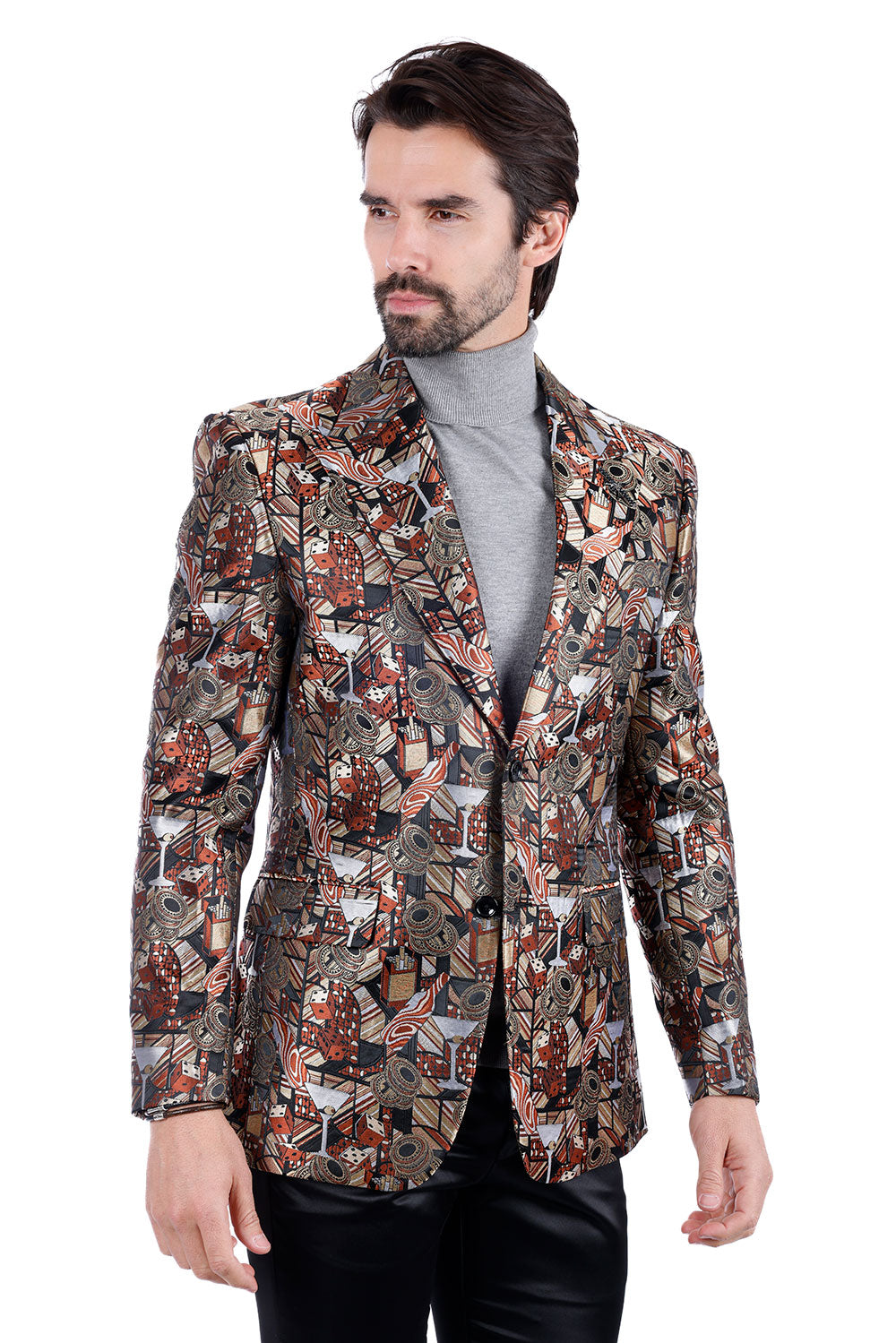 Barabas Men's Geometric Cubism Peak Lapel Blazer 3BL20 Gold