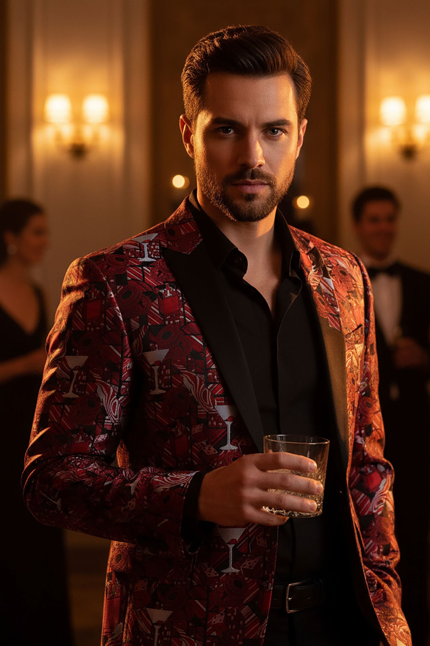 Barabas Men's Geometric Cubism Peak Lapel Blazer 3BL20 Burgundy 