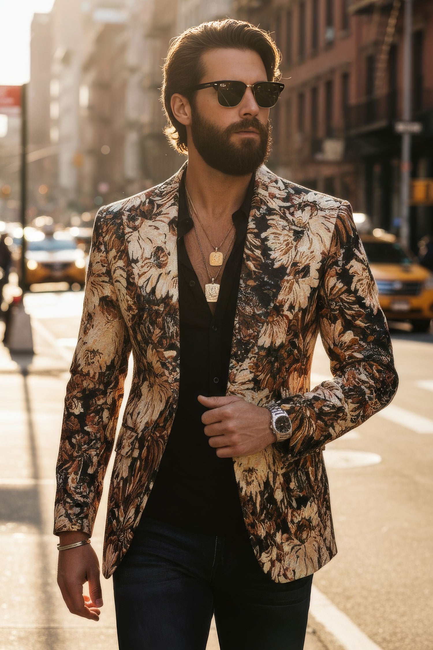 Barabas Men's Floral Printed Royal Peal Lapel Blazer 3BL21 Brown