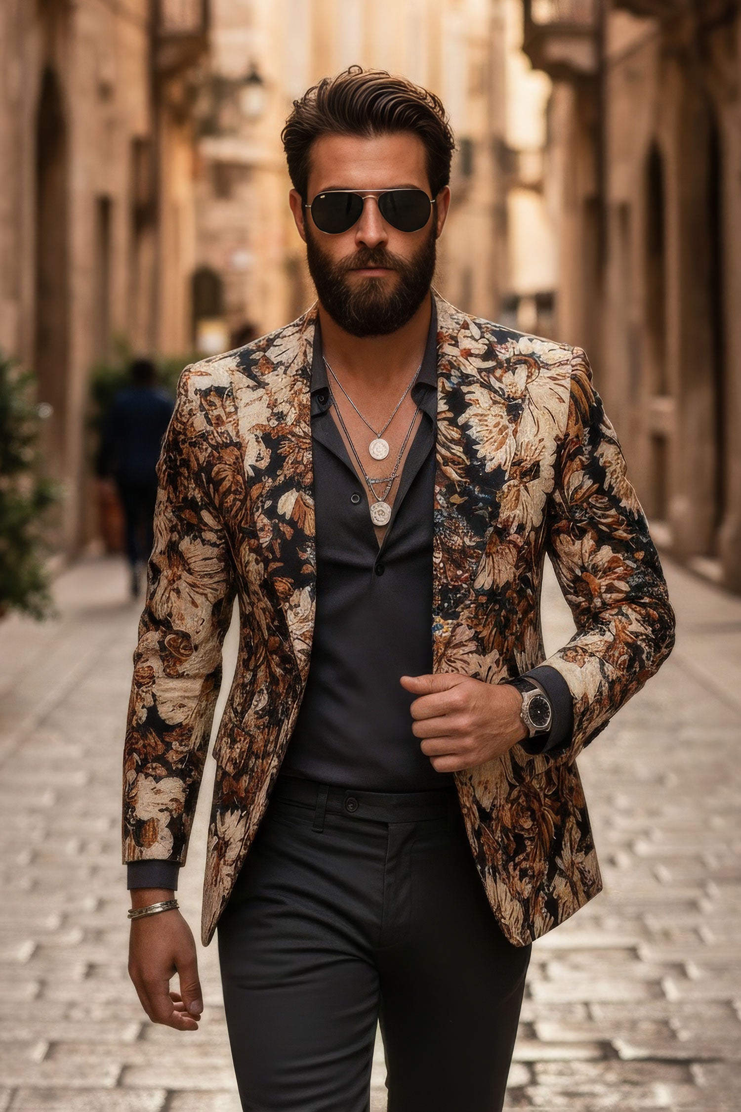 Barabas Men's Floral Printed Royal Peal Lapel Blazer 3BL21 Brown