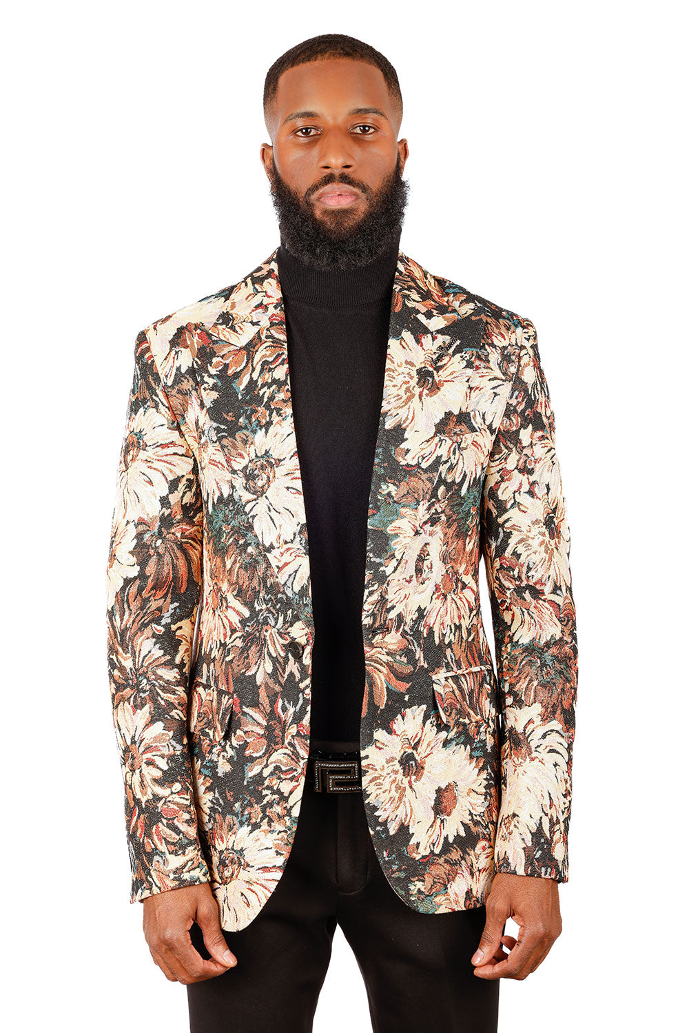 Barabas Men's Floral Printed Royal Peal Lapel Blazer 3BL21 Brown