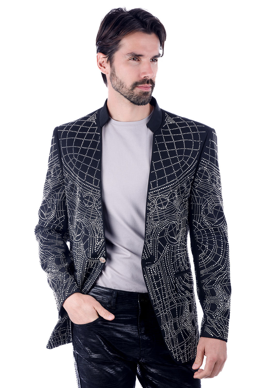 Barabas Men's Geometric Studded Henley Lapel Blazer 3BLR14 Silver