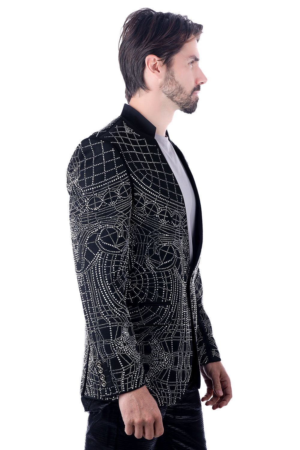 Barabas Men's Geometric Studded Henley Lapel Blazer 3BLR14 Silver