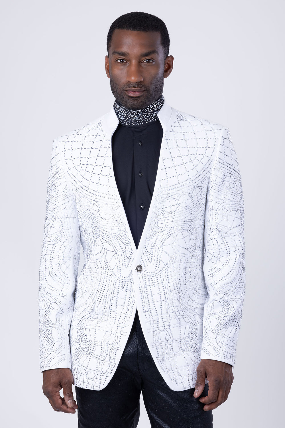 Barabas Men's Geometric Studded Henley Lapel Blazer 3BLR14 White Silver