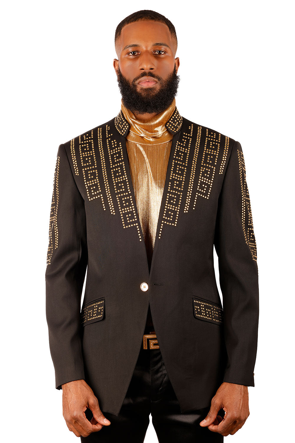 Barabas Men's Rhinestone Geometric Henley Lapel Blazer 3BLR17 Black Gold