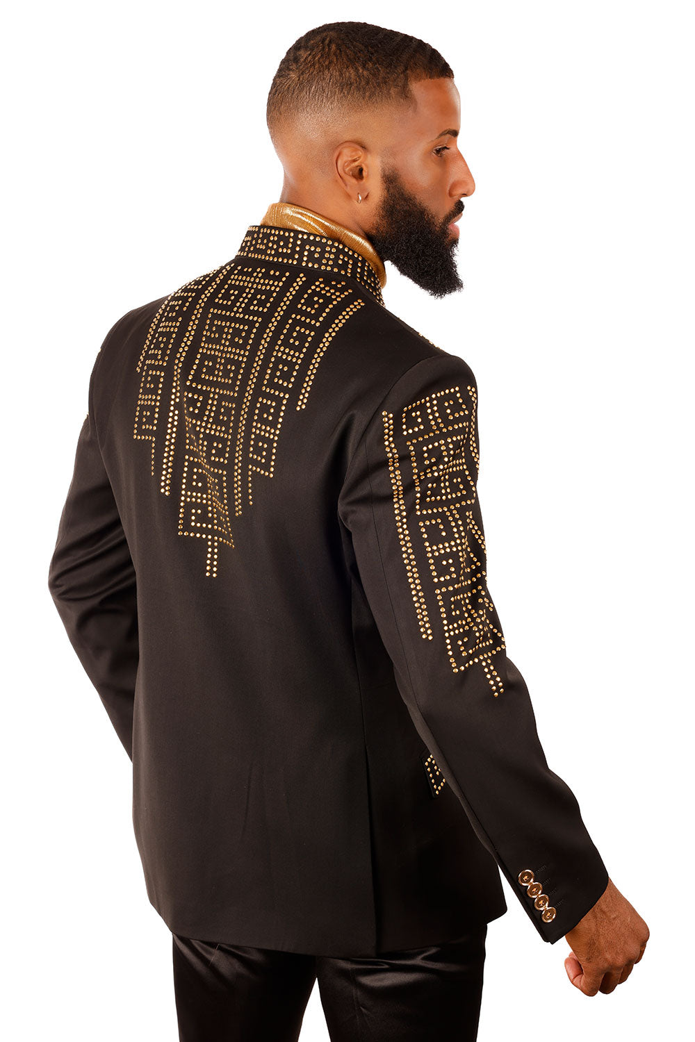 Barabas Men's Rhinestone Geometric Henley Lapel Blazer 3BLR17 Black Gold