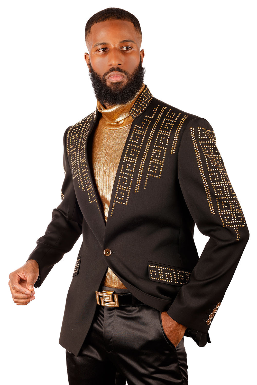 Barabas Men's Rhinestone Geometric Henley Lapel Blazer 3BLR17 Black Gold