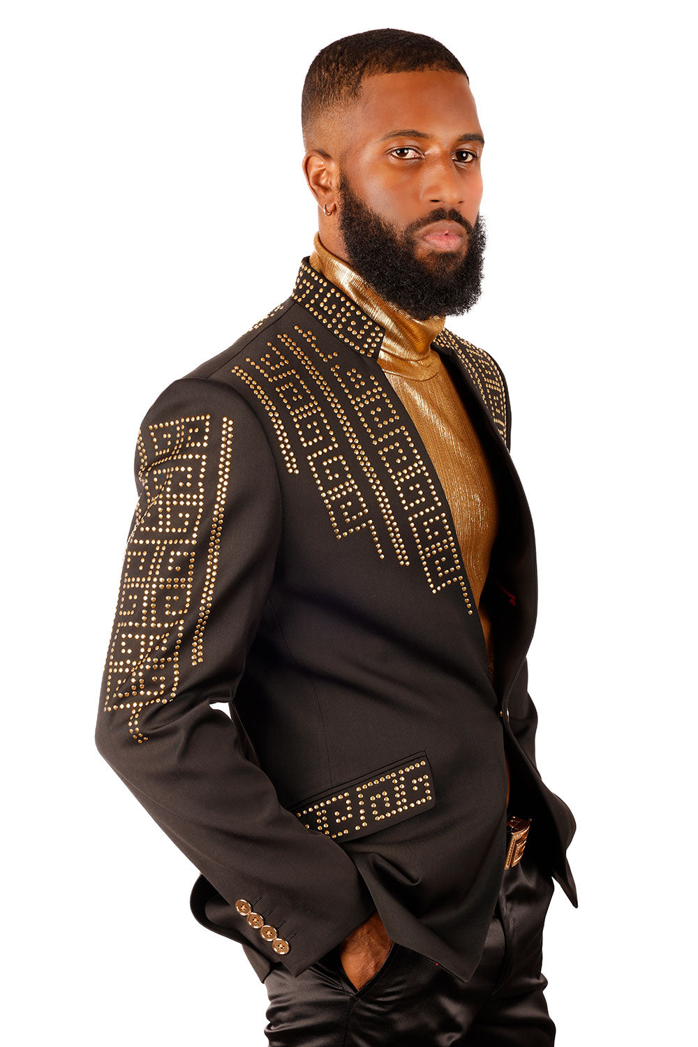 Barabas Men's Rhinestone Geometric Henley Lapel Blazer 3BLR17 Black Gold