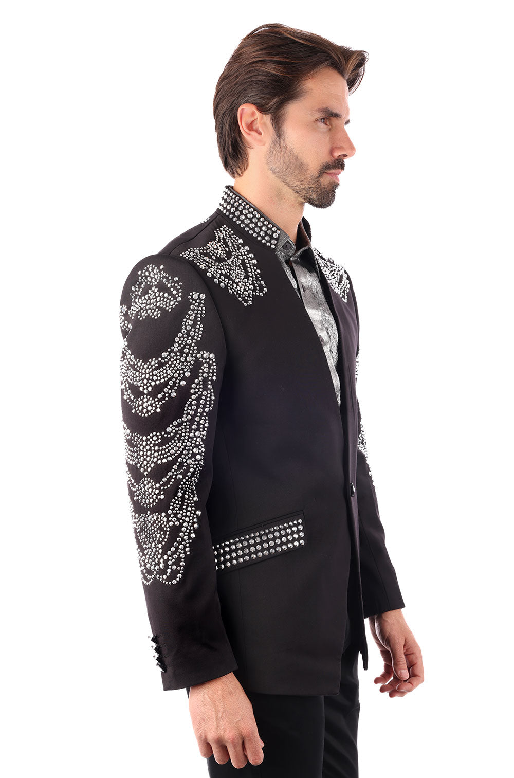 Barabas Men's Rhinestone Spike Floral Henley Lapel Blazer 3BLR18 Silver