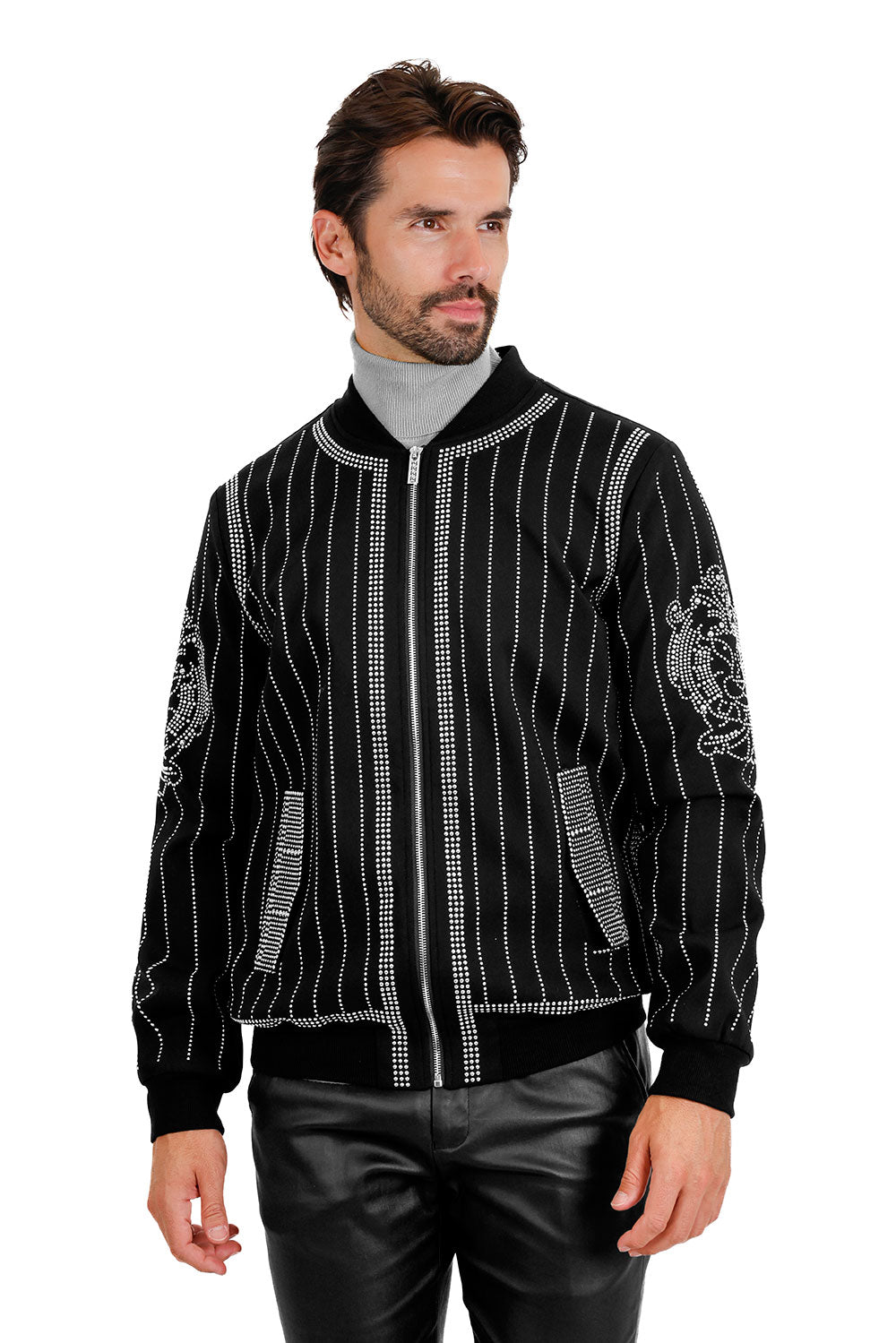 Barabas Men's Studded Lion Pattern Design Bomber Jacket 3BP28 Black Silver