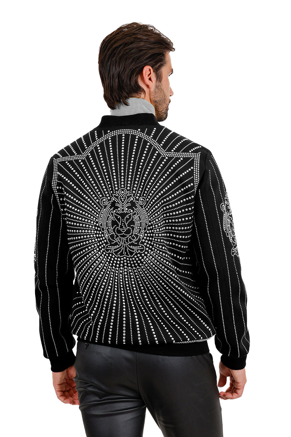 Barabas Men's Studded Lion Pattern Design Bomber Jacket 3BP28 Black Silver