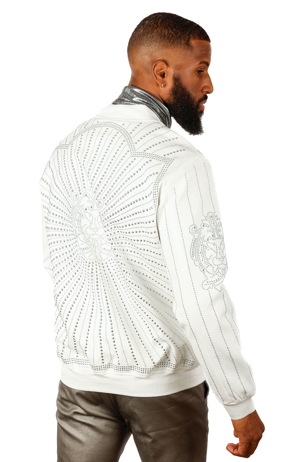 Barabas Men's Studded Lion Pattern Design Bomber Jacket 3BP28 White Silver