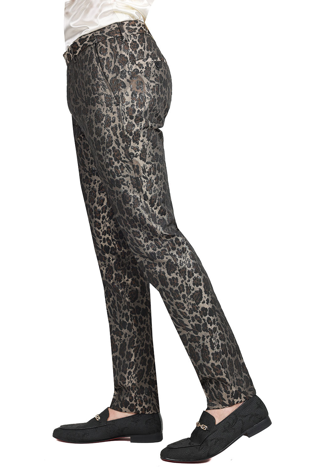 BARABAS Men's Metallic Shinny Leopard Printed Chino Pants 3CP01Chocolate