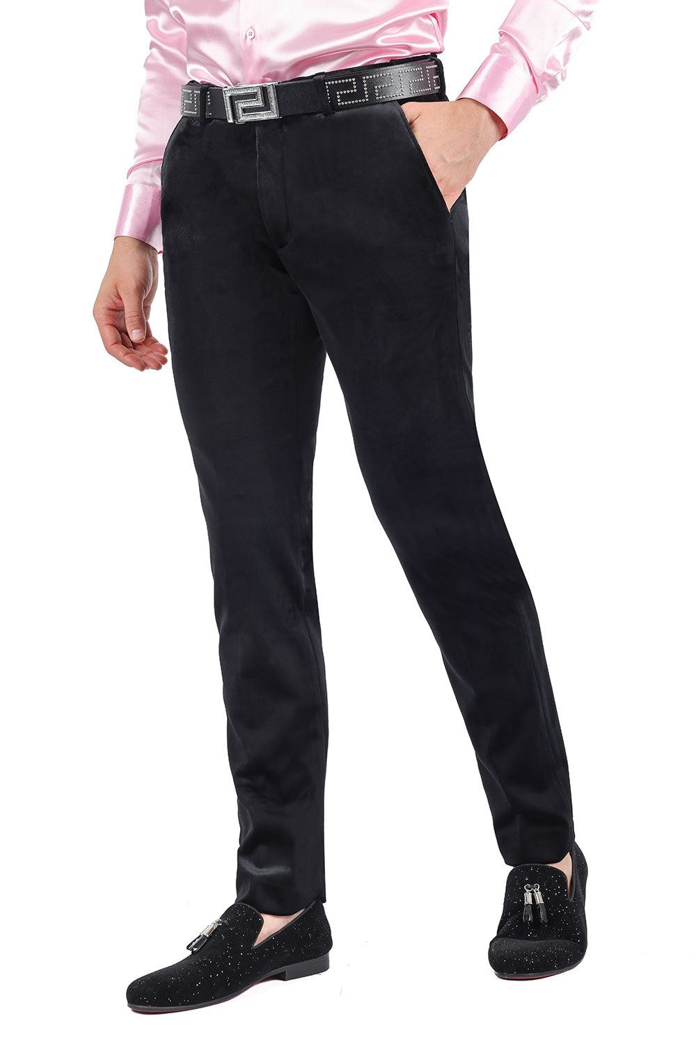Barabas Men's Velvet Shiny Chino Solid Color Dress Pants 3CP04 Black