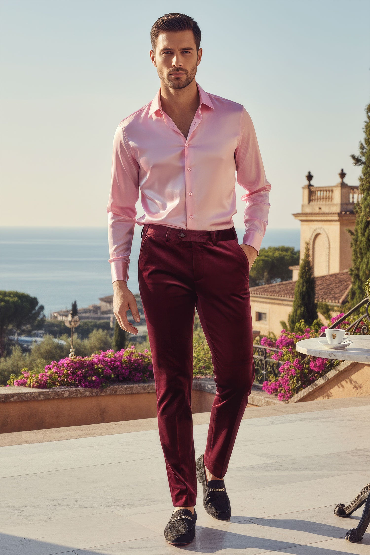 Barabas Men's Velvet Shiny Chino Solid Color Dress Pants 3CP04 Burgundy