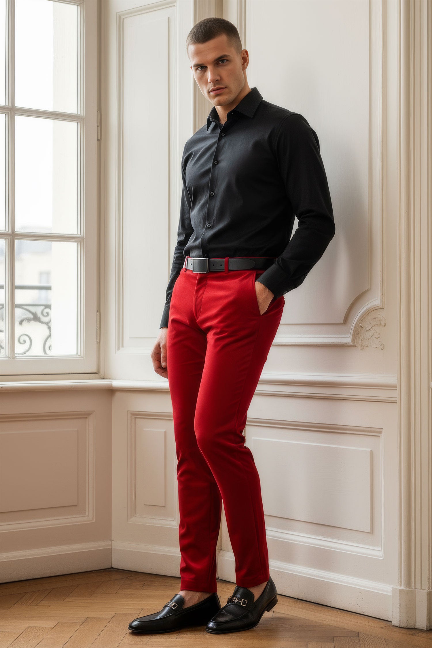 Barabas Men's Velvet Shiny Chino Solid Color Dress Pants 3CP06 Red