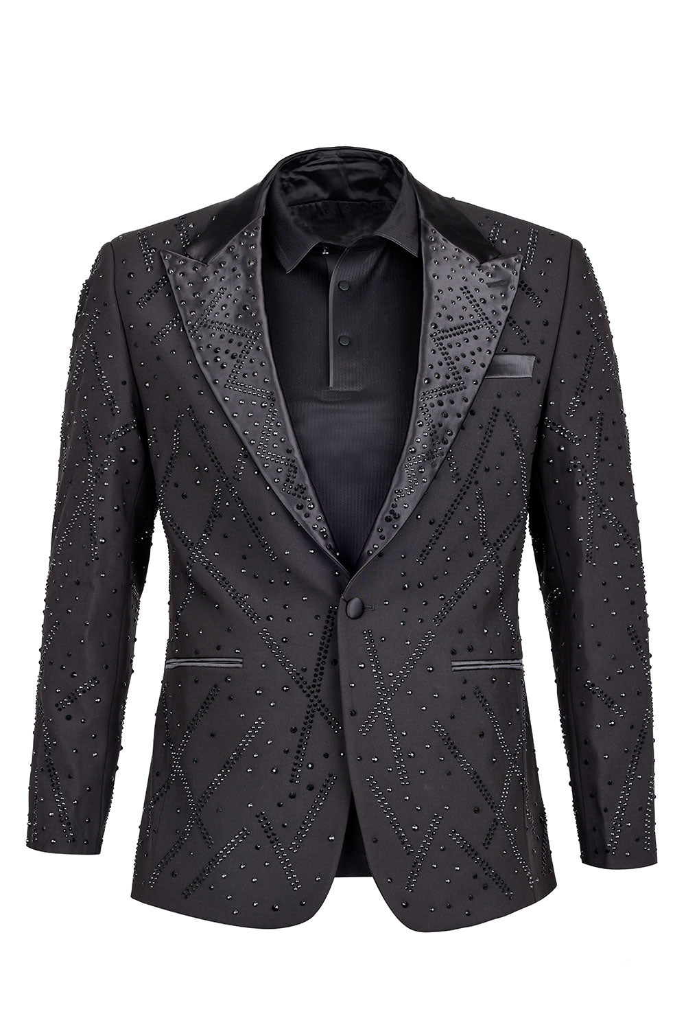 Barabas Men's Shiny Crystals Rhinestone Peak Lapel Blazer 3EBL13 Black and Black