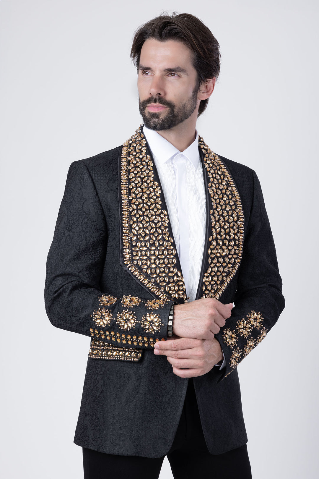 Barabas Elite Men's Rhinestone Luxury Shawl Collar Blazer 3EBL14 Black Gold