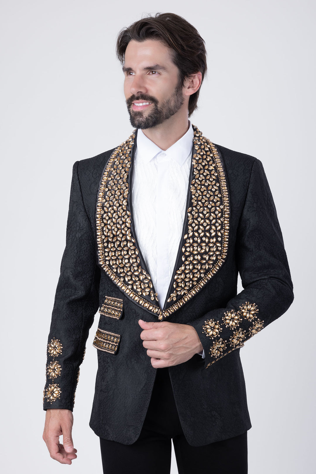 Barabas Elite Men's Rhinestone Luxury Shawl Collar Blazer 3EBL14 Black Gold