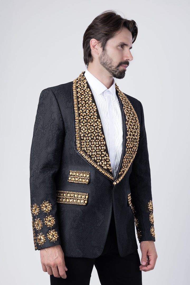 Barabas Elite Men's Rhinestone Luxury Shawl Collar Blazer 3EBL14 Black Gold