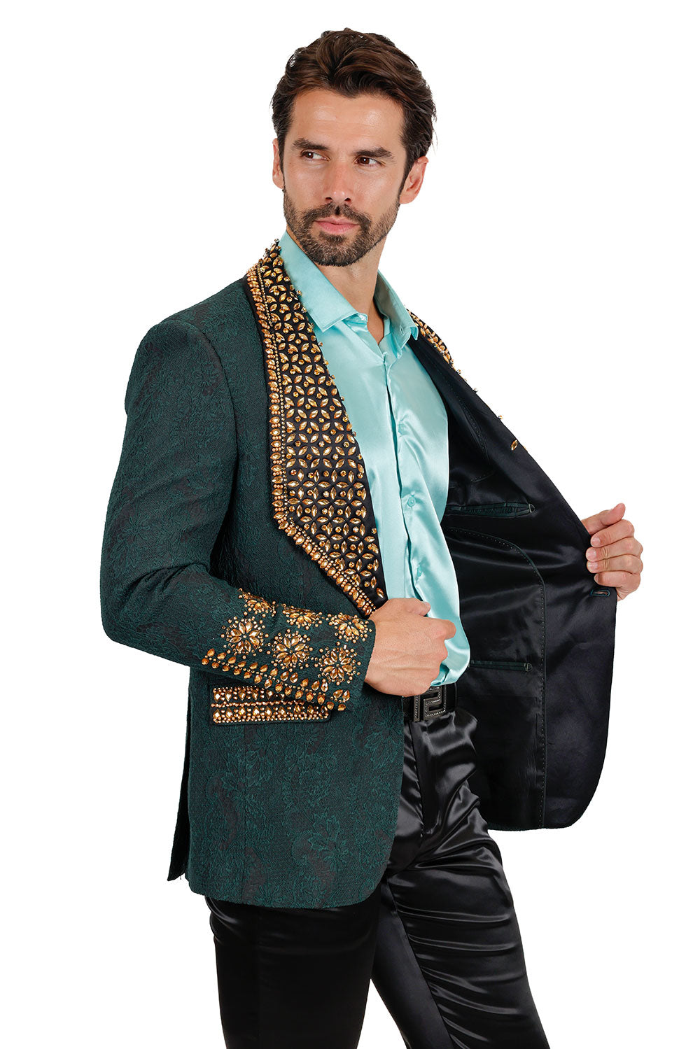 Barabas Elite Men's Rhinestone Luxury Shawl Collar Blazer 3EBL14 Green Gold
