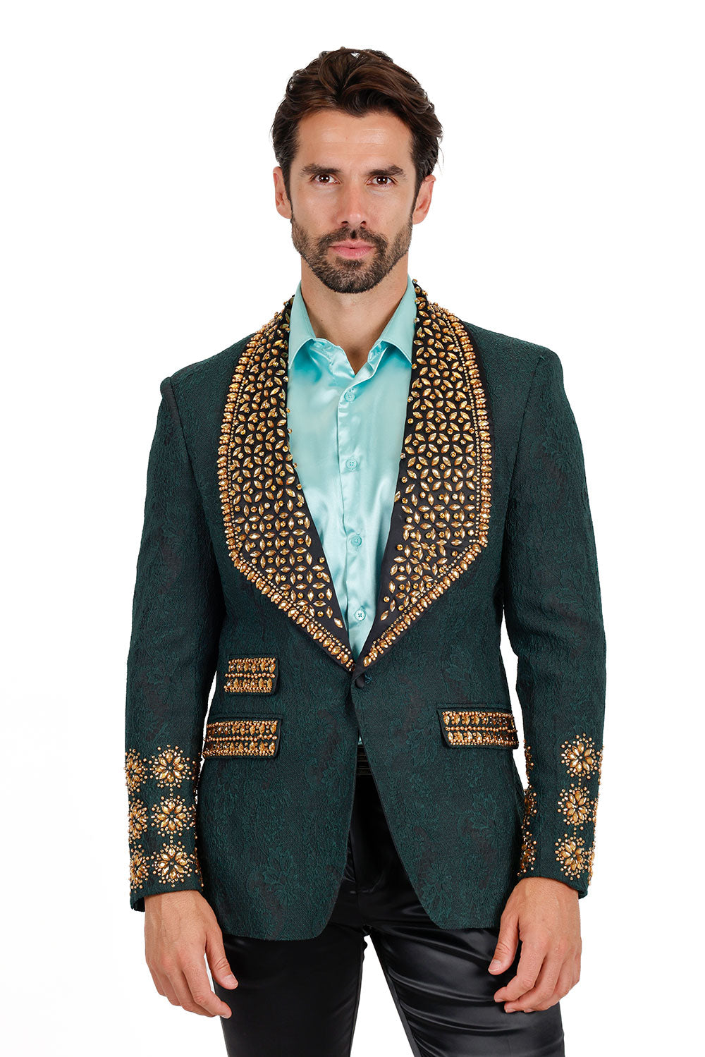 Barabas Elite Men's Rhinestone Luxury Shawl Collar Blazer 3EBL14 Green Gold