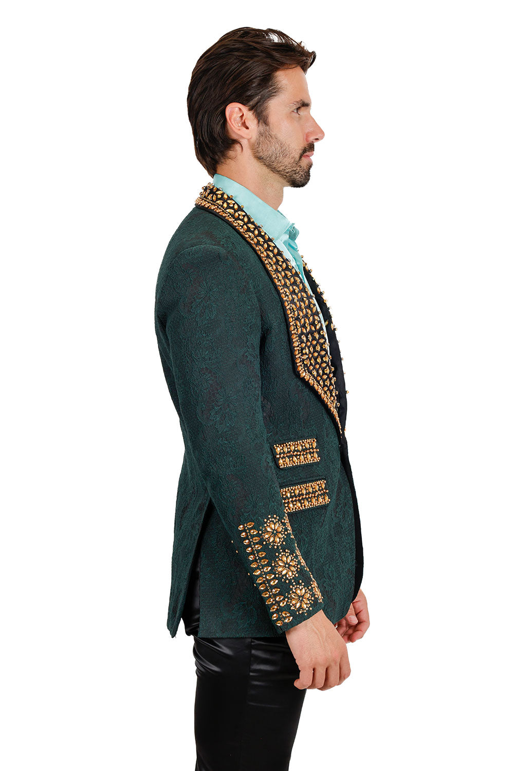 Barabas Elite Men's Rhinestone Luxury Shawl Collar Blazer 3EBL14 Green Gold