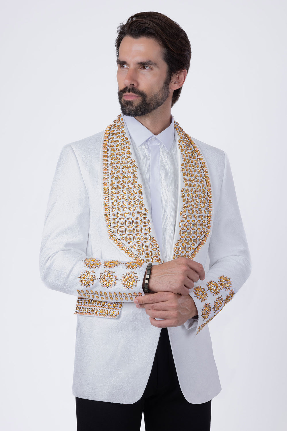 Barabas Elite Men's Rhinestone Luxury Shawl Collar Blazer 3EBL14 White Gold