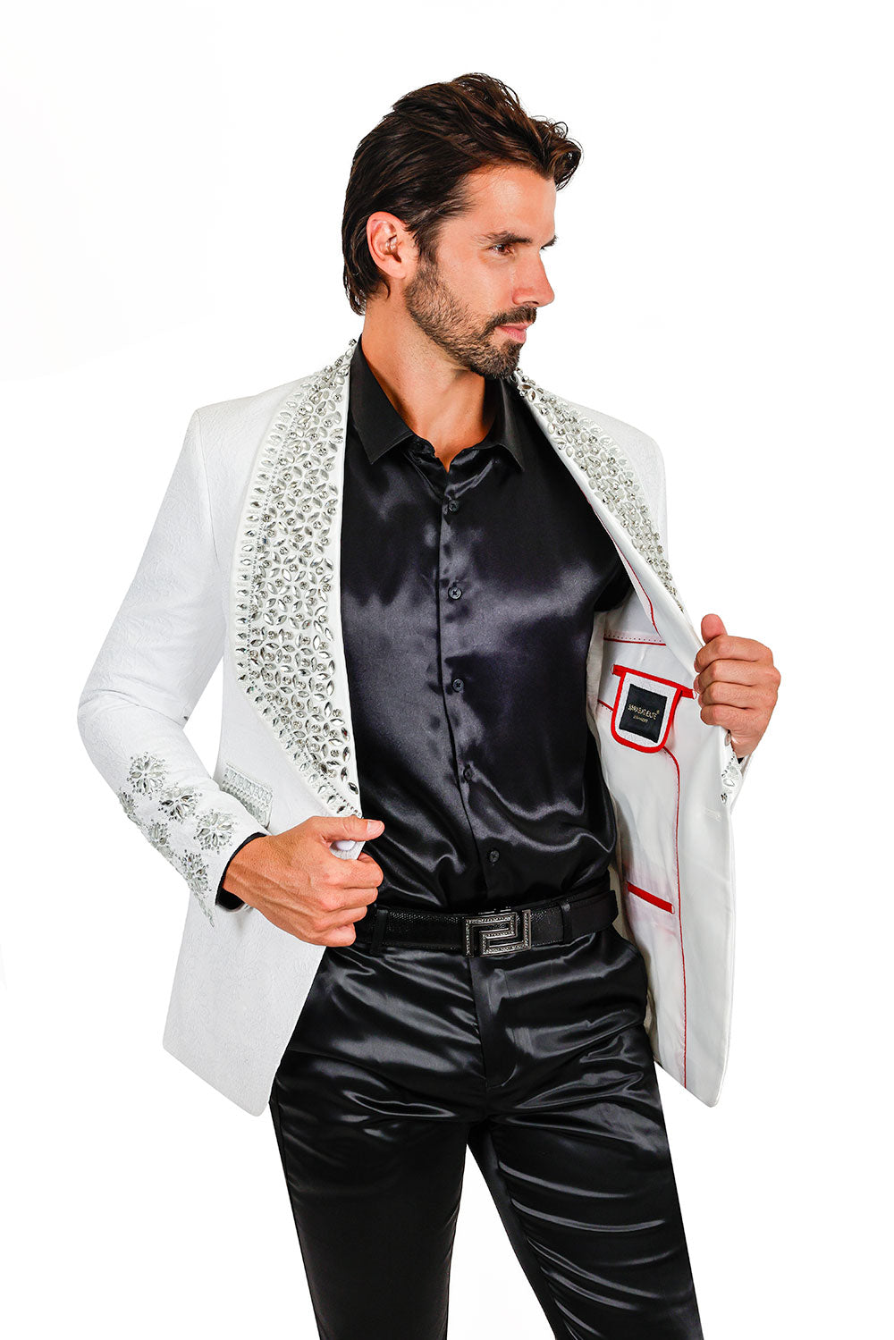 Barabas Elite Men's Rhinestone Luxury Shawl Collar Blazer 3EBL14 White Silver