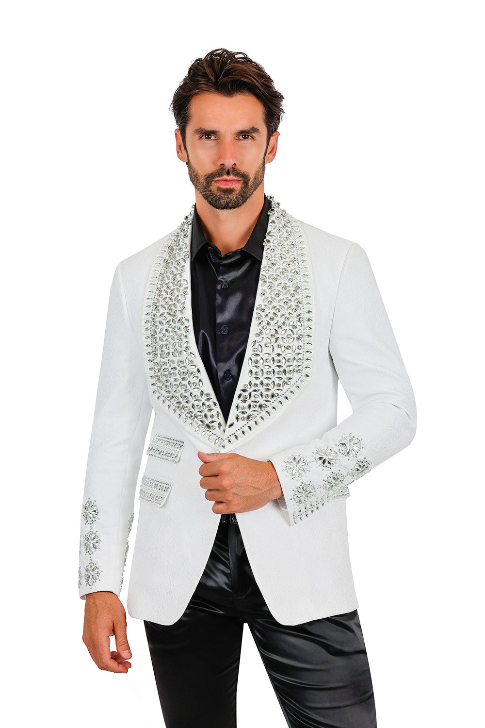 Barabas Elite Men's Rhinestone Luxury Shawl Collar Blazer 3EBL14 White Silver