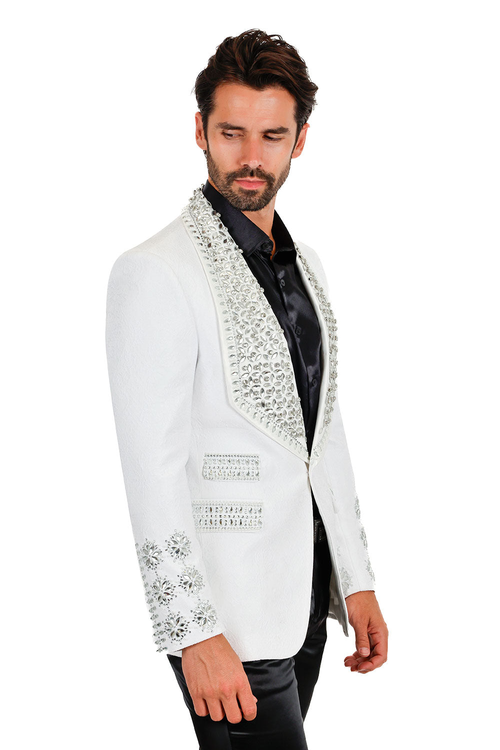 Barabas Elite Men's Rhinestone Luxury Shawl Collar Blazer 3EBL14 White Silver