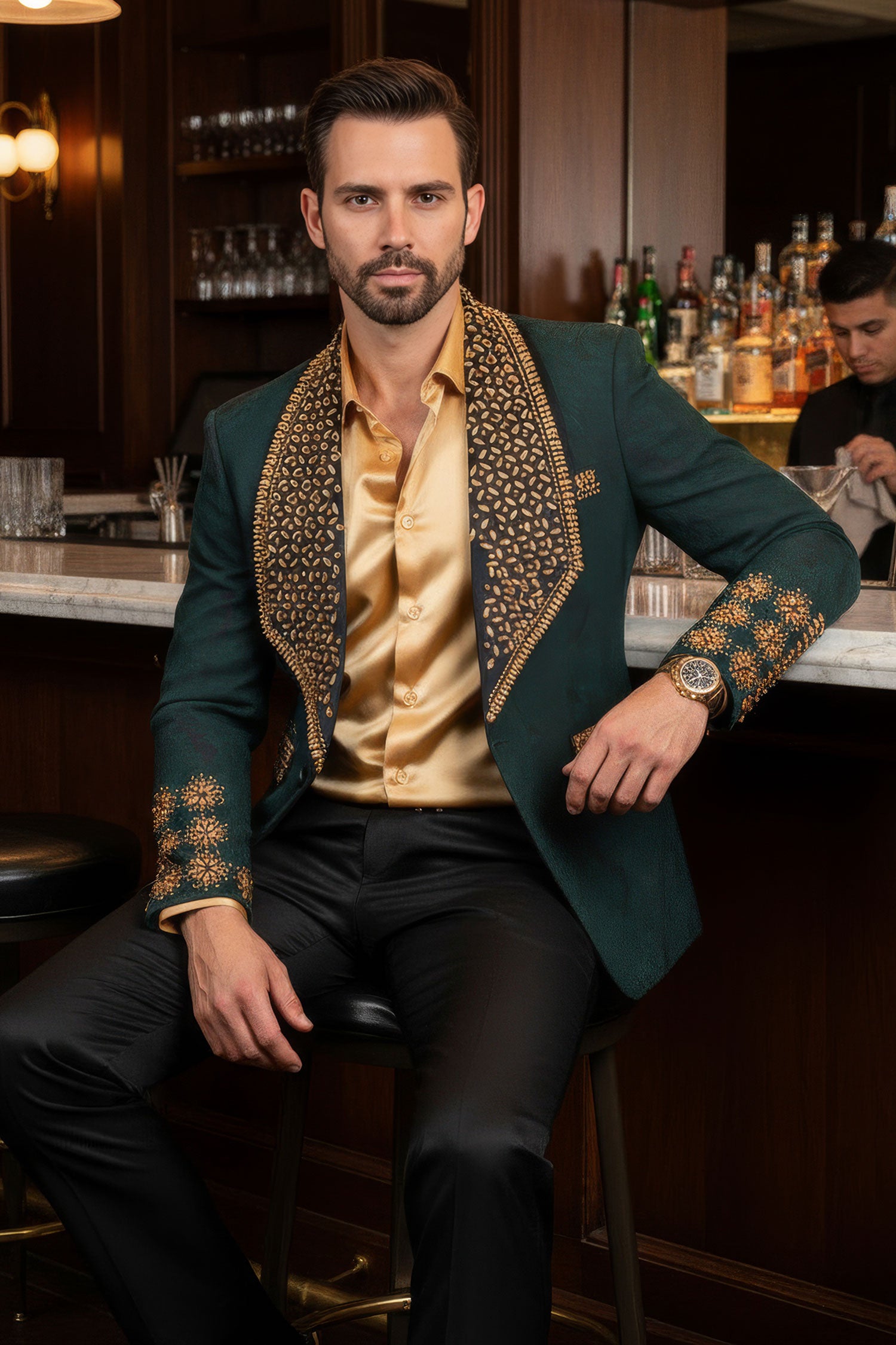 Barabas Elite Men's Rhinestone Luxury Shawl Collar Blazer 3EBL14 Green Gold