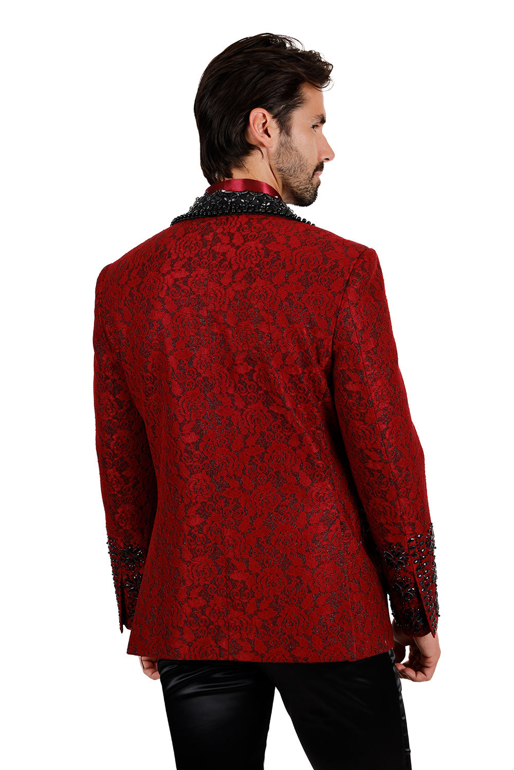 Barabas Elite Men's Rhinestone Floral Luxury Shawl Lapel Blazer 3EBL15 Red Black
